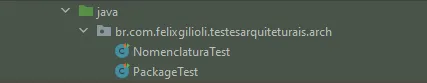 Estrutura do projeto mostrando o pacote arch com classes de teste